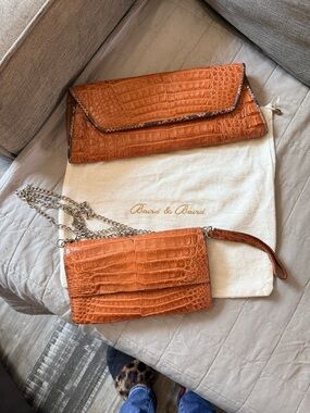 Orange Croc-Embossed Leather Wristlet Clutch